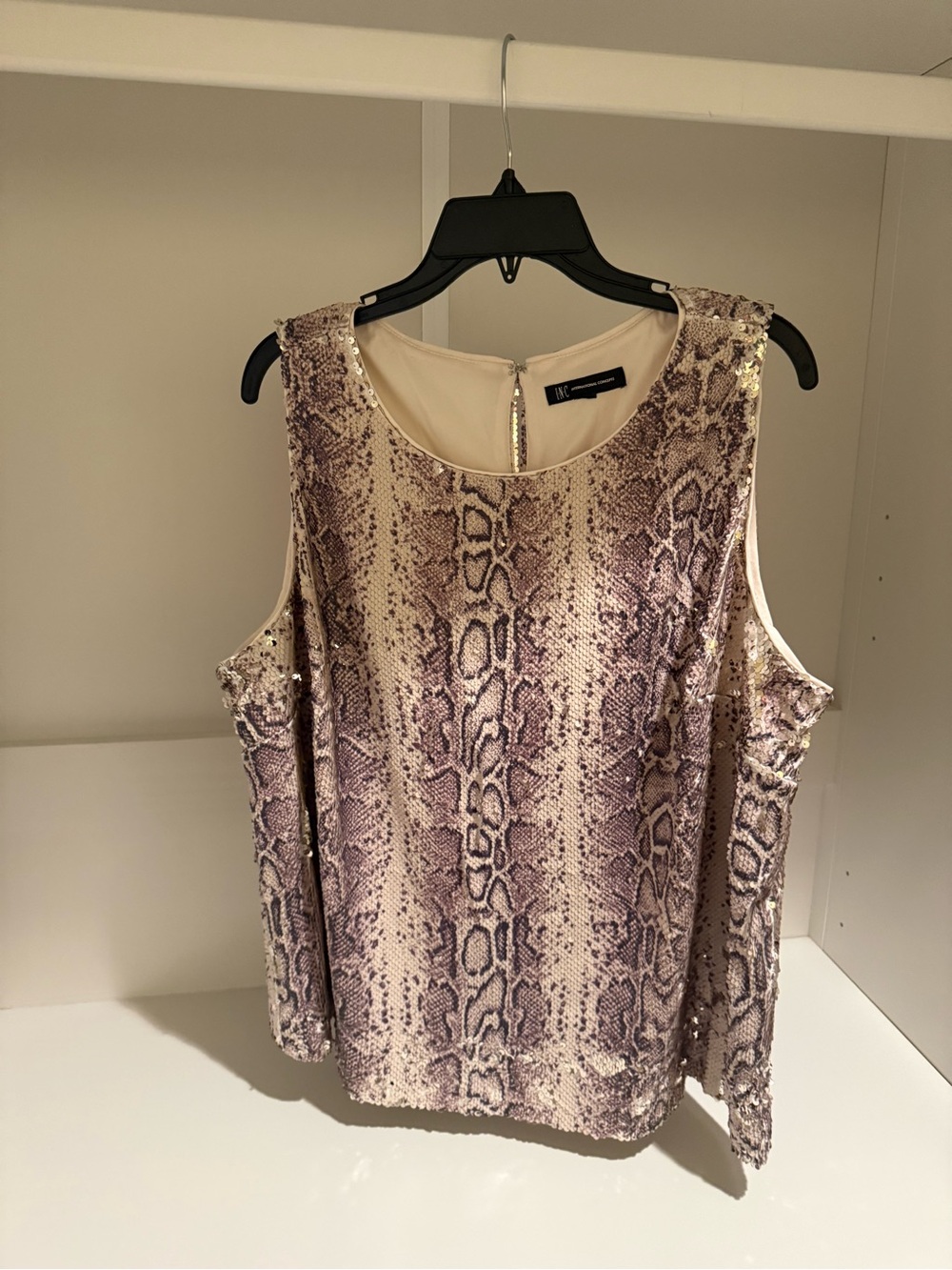 INC International Concepts Cream and Purple Snake-Print Cold Shoulder Sleeveless